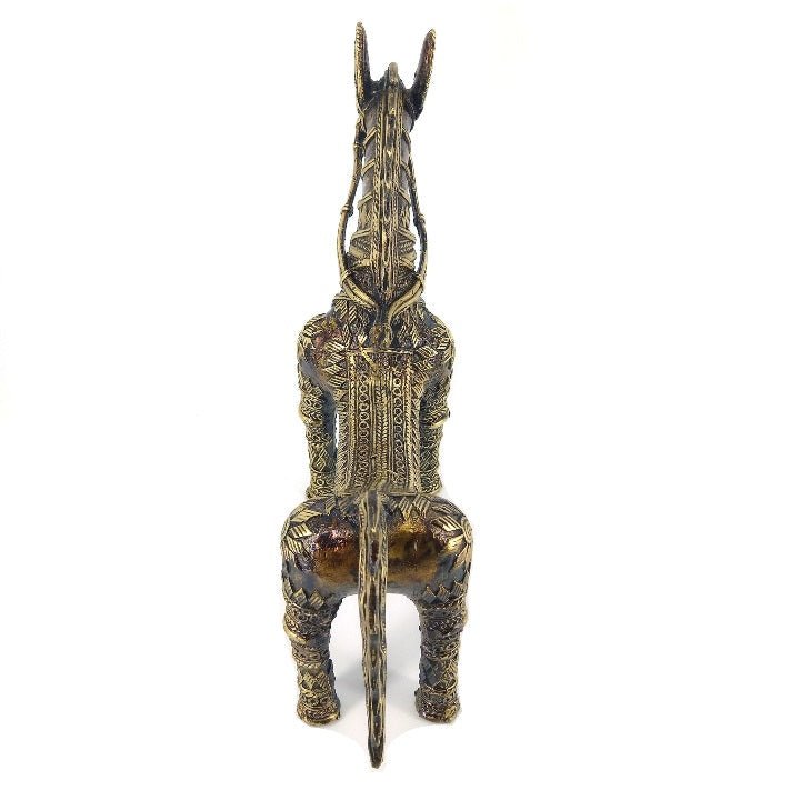 Rear straight view of handmade brass horse figurine emphasizing balanced posture and detailed bell metal surface work