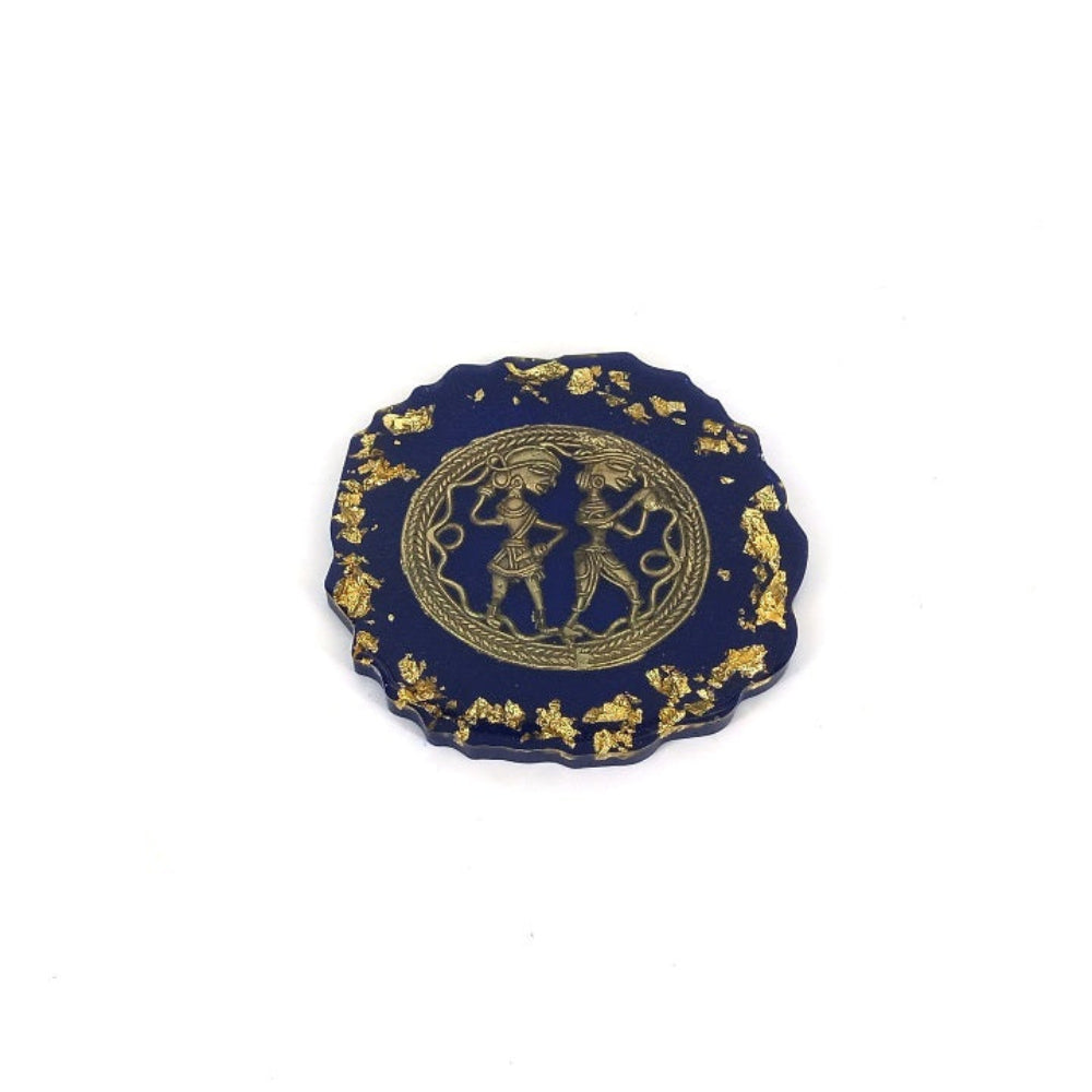 Round blue translucent resin coaster with brass Bastar Dokra art motif and gold detailing, handcrafted decorative table coaster, 4 inch