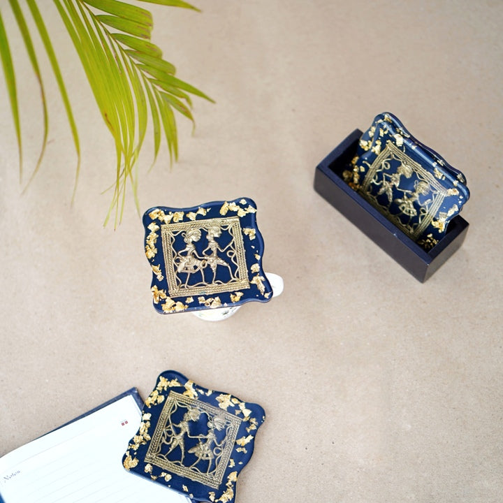 Brass and resin square blue translucent coaster with Bastar Dokra art