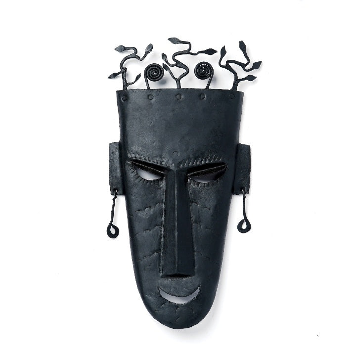 Handmade Iron Tribal Wall Mask with Abstract Tree Design (Black, 12 inch)