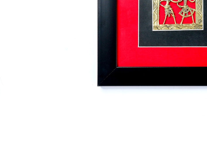 Handmade Dhokra Art Brass Figurine Square Wall Frame (Black Frame, 8.5 inch)
