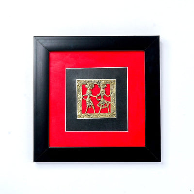 Handmade Dhokra Art Brass Figurine Square Wall Frame (Black Frame, 8.5 inch)