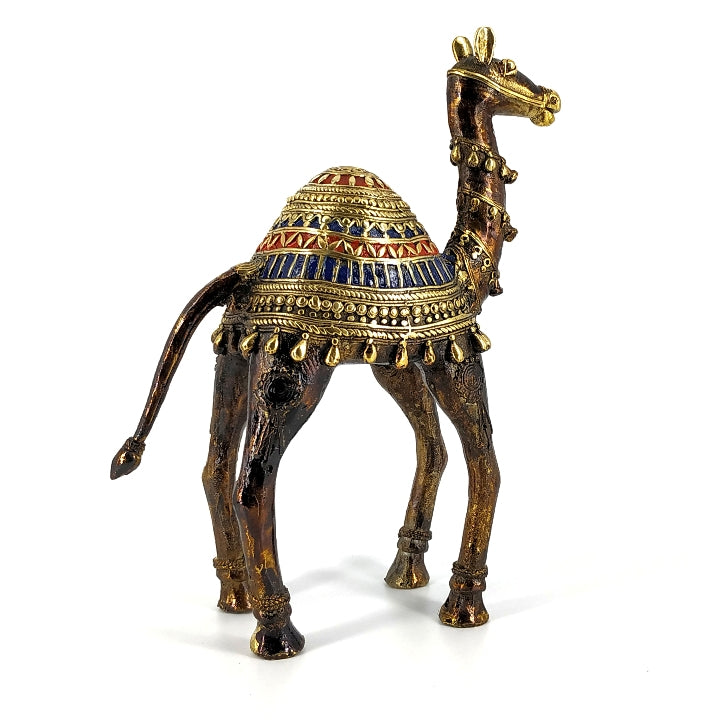 Rear angle of handcrafted brass camel decor statue
