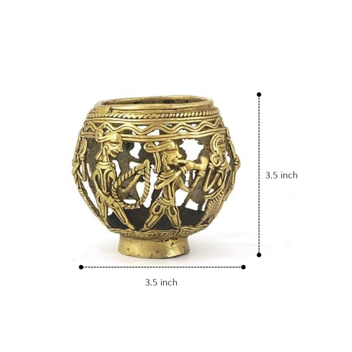 Dhokra art brass pen holder with size reference showing 3.5 inch handcrafted desk accessory
