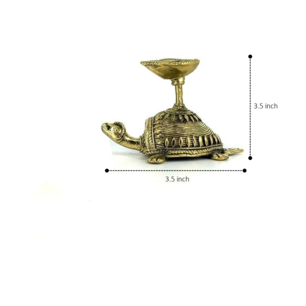 Dhokra art bell metal tortoise diya with size reference showing 3.5 inch handcrafted brass diya lamp