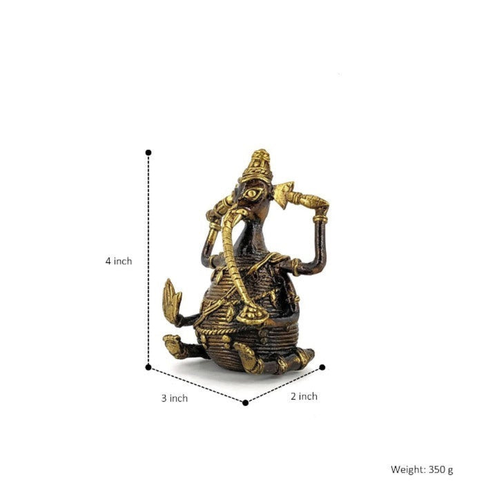 Dhokra brass Ganesha idol with bronze finish shown at angled view highlighting size dimensions and traditional bell metal craftsmanship