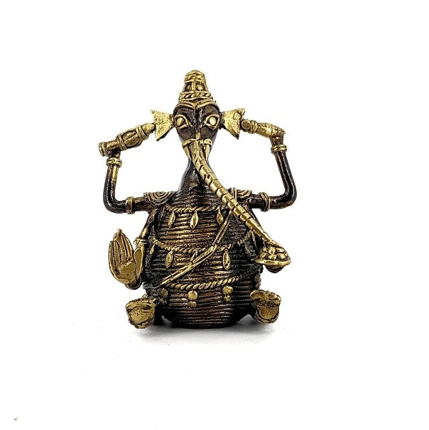 Handcrafted Dhokra brass Ganesha idol in bronze finish, front view showing intricate bell metal detailing for home pooja decor