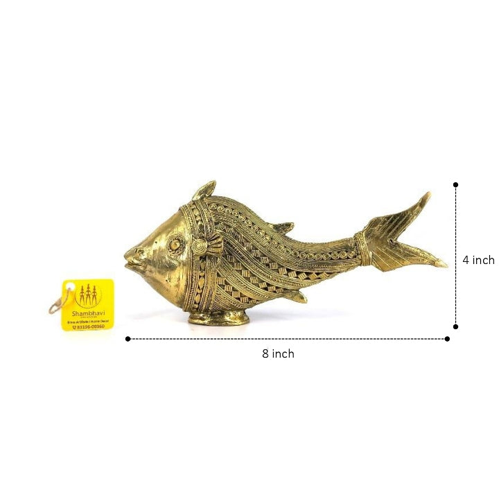 Bastar Dhokra Art Brass Scaly Fish Figurine (Golden, 4 x 8 inch)