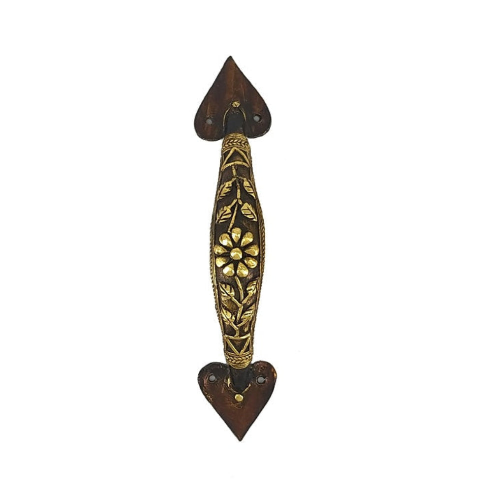 Vertical orientation view of Dhokra bell metal door handle with flower and leaf motif suitable for doors and cupboards