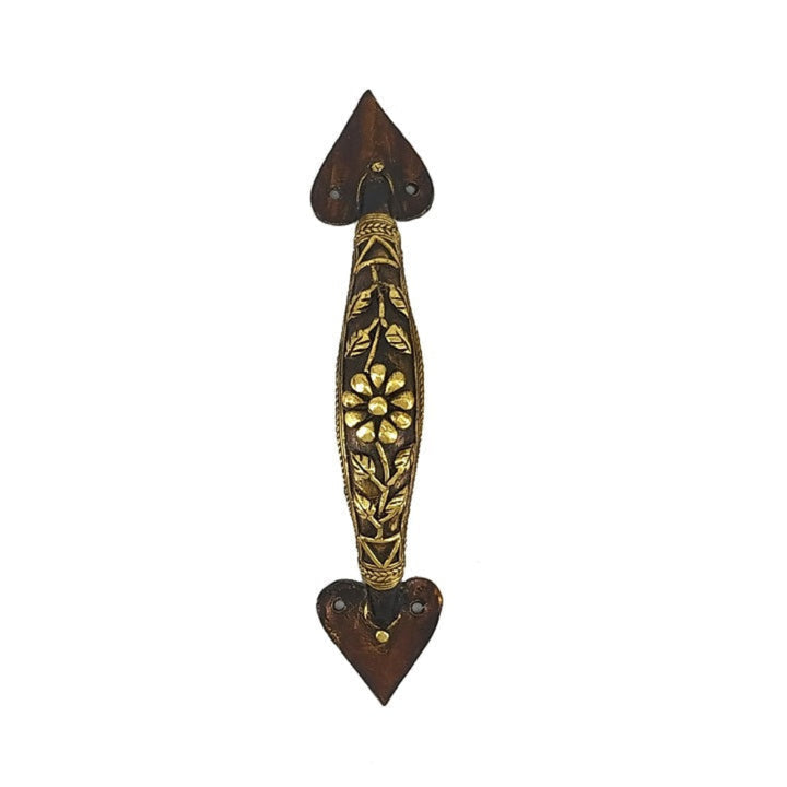 Vertical orientation view of Dhokra bell metal door handle with flower and leaf motif suitable for doors and cupboards