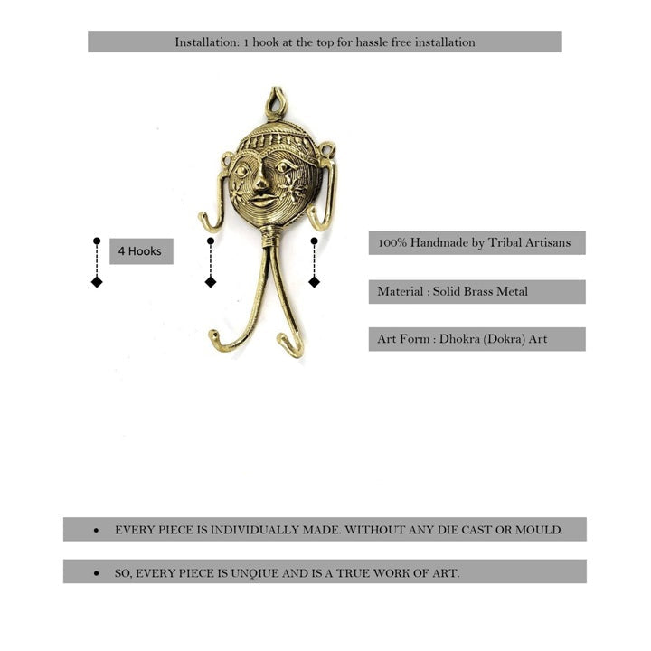 Artisan made brass mask key holder with hooks profile details