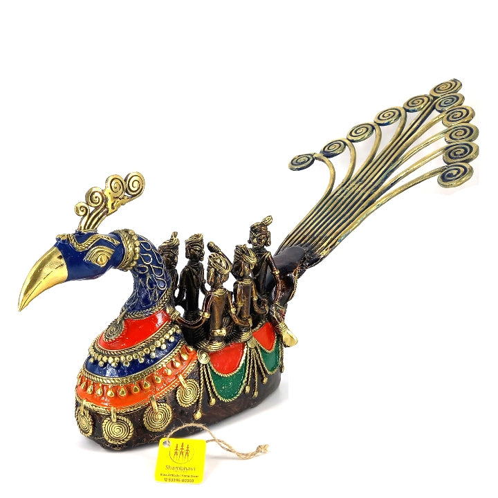 Handmade Bastar Dhokra art brass peacock boat statue in multicolor finish showing fishermen figures and ornate peacock detailing