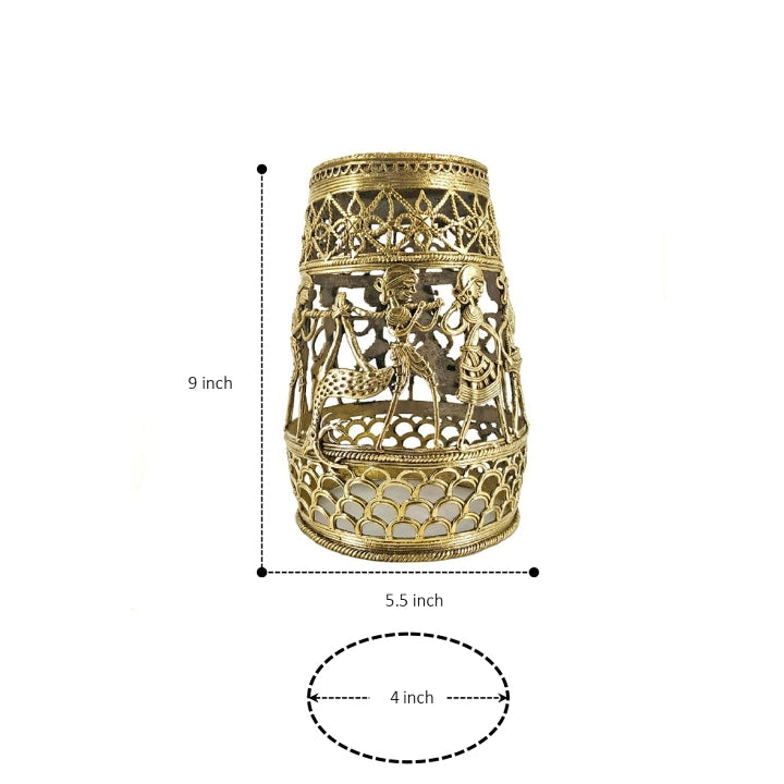 Golden brass handcrafted lampshade with Bastar Dokra art figures