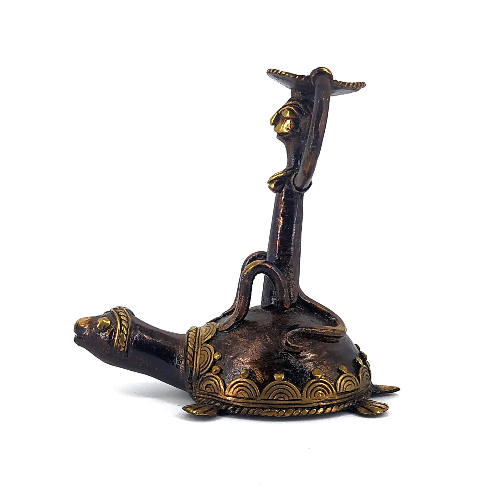 Side view of brass monkey tortoise candle holder