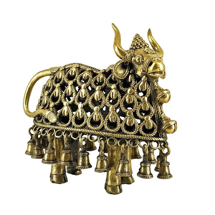Handcrafted brass Nandi statue with hanging bell details