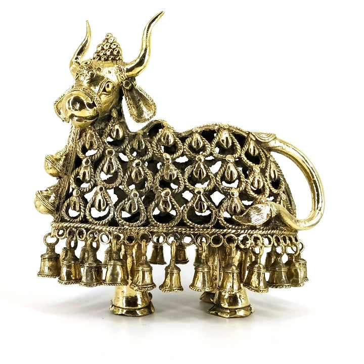 Brass Nandi figurine side angle detailed bell work