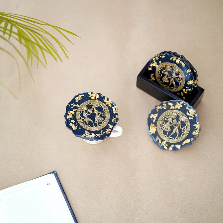 Handcrafted brass and resin round blue translucent coaster