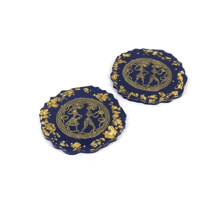 Handcrafted brass and resin round blue translucent coasters with gold detailing, decorative table coasters set of 2