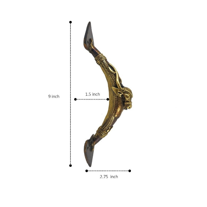Handmade brass bull design door handle side profile
