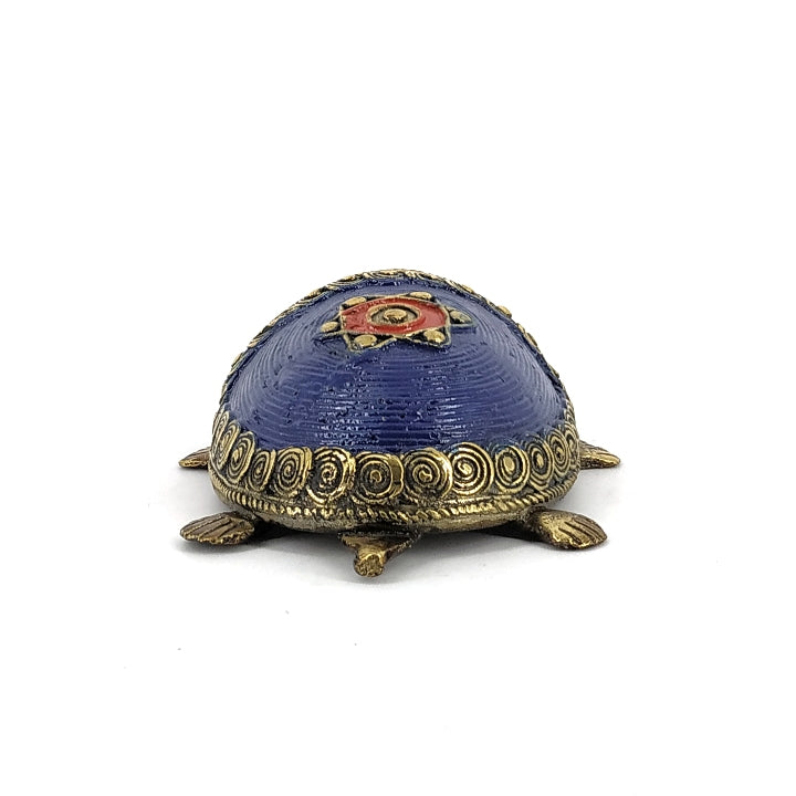 Back view of handcrafted Dhokra bell metal coin tortoise figurine highlighting blue shell design and antique brass accents