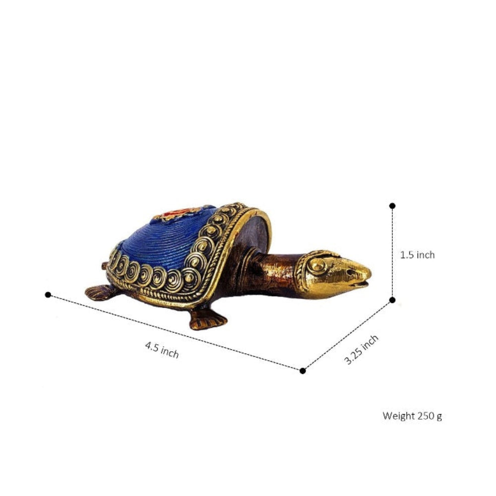 Handmade bell metal coin tortoise figurine with size reference showing 4.5 inch length and 1.5 inch height for vastu and decor use