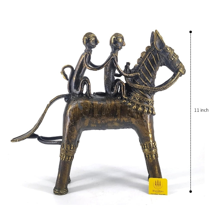 Brass Metal Horse Figurine with Tribal Monkey Riders (Bronze color, 11 inch)