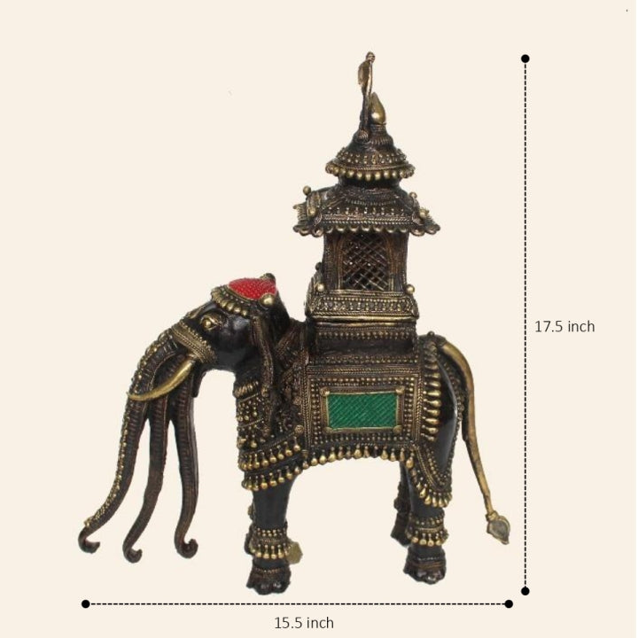 Exquisite Large Brass Elephant Figurine Carrying Temple (Multicolor, 15.5 x 17.5 inch)