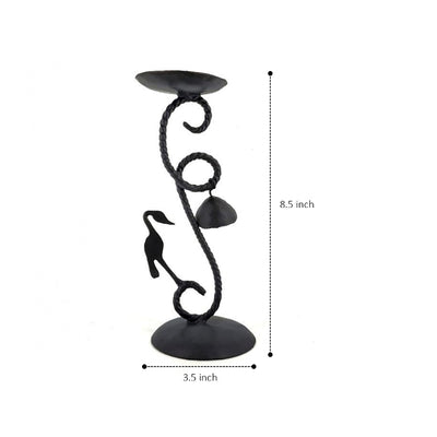 Iron craft Bell and Bird Bastar Art Candle Light Holder (Black, 8.5 inch)