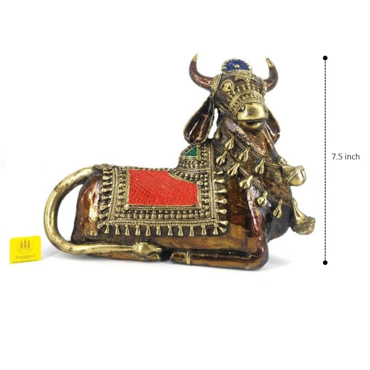 Handcrafted Dhokra Brass Nandi Figurine in Sitting Position (Multicolor, 7.5 inch)