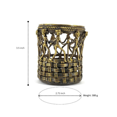 Brass Marching People Dhokra Art Pen Holder (Bronze color, 3.5 inch)