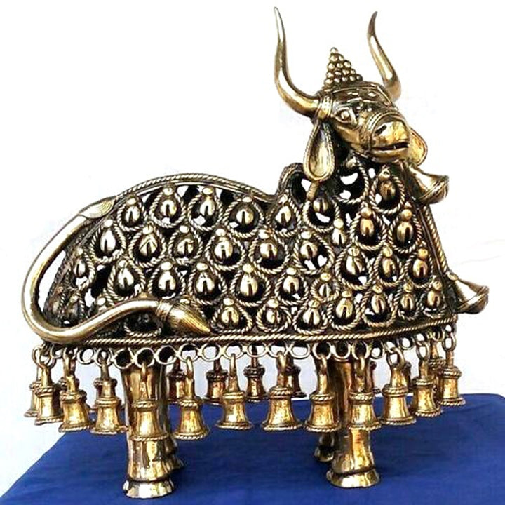 Lace-Worked Nandi Brass Figurine with Dhokra Art Design (Golden, 8.5 x 4 inch)