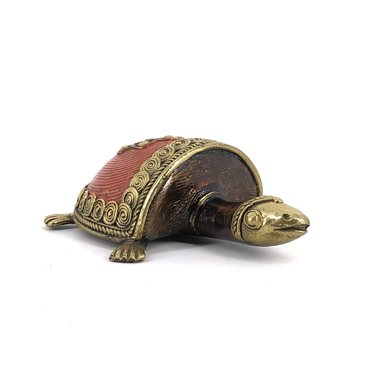  Red enamel tortoise décor bell metal front perspective