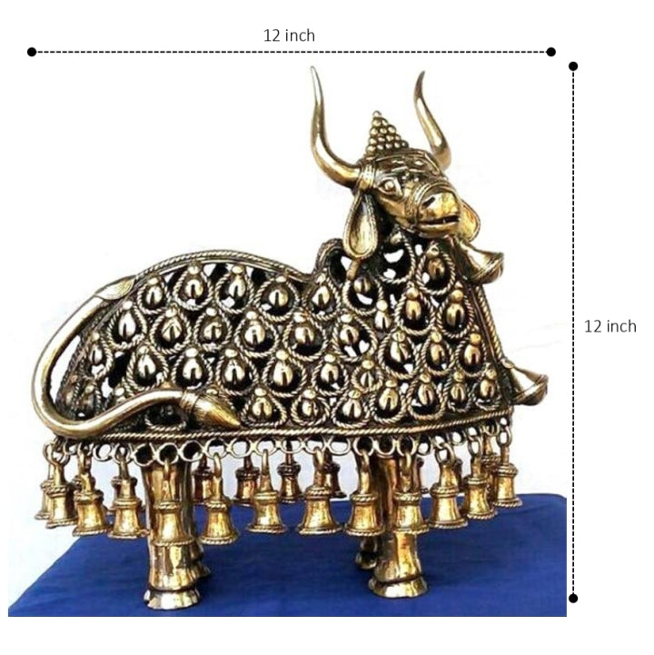 Lace-Worked Nandi Brass Figurine with Dhokra Art Design (Golden, 8.5 x 4 inch)