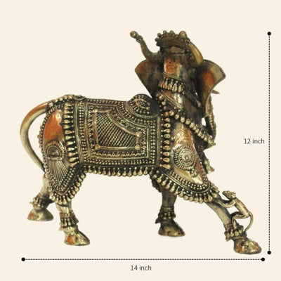 Intricately Designed Nandi Statue with Elephant Head in Brass Metal (Bronze color, 14 x 12 Inch)