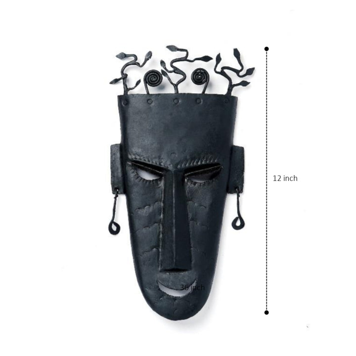 Handmade Iron Tribal Wall Mask with Abstract Tree Design (Black, 12 inch)