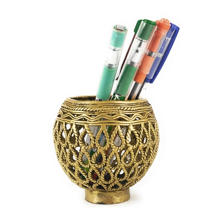 Front view of ornate brass pen holder in bulbous shape showcasing traditional Dhokra jali craftsmanship