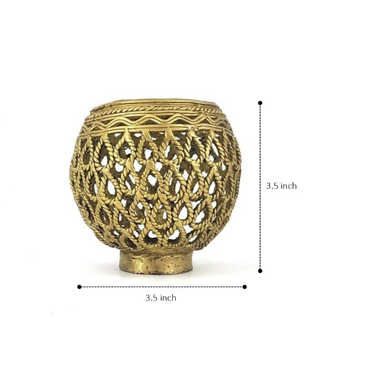 Full body view of ornate brass bulbous pen holder crafted in traditional Dhokra art style