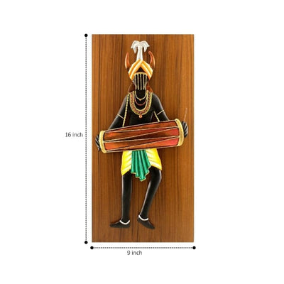 Handcrafted Iron Tribal Man with Dholak (Multicolor, 16 inch)