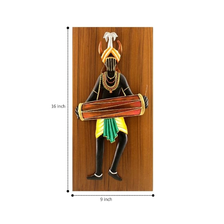 Handcrafted Iron Tribal Man with Dholak (Multicolor, 16 inch)