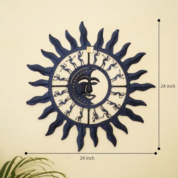 Handcrafted wrought iron sun moon wall hanging with tribal motifs in black, 24 inch Bastar iron art wall décor